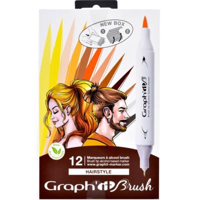 Feutres Graph'It Brush 12 couleurs Hairstyle Marqueurs à Alcool Double-Pointe Pinceau et Fine