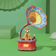 Kit Boîte à musique Gramophone Danseuse à fabriquer 22 cm Puzzle 3D Bois mécanisme à manivelle 109 pièces