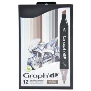 Feutres Graph'It 12 couleurs Mix Grey Marqueurs à Alcool Double-Pointe Biseau et Fine