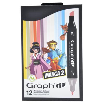 Feutres Graph'It 12 couleurs Manga 2 Marqueurs à Alcool Double-Pointe Biseau et Fine