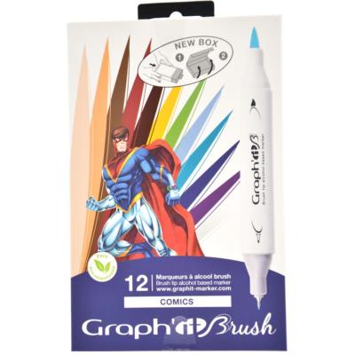 Feutres Graph'It Brush 12 couleurs Comics Marqueurs à Alcool Double-Pointe Pinceau et Fine