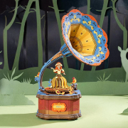 Kit Boîte à musique Gramophone Danseuse à fabriquer 22 cm Puzzle 3D Bois mécanisme à manivelle 109 pièces