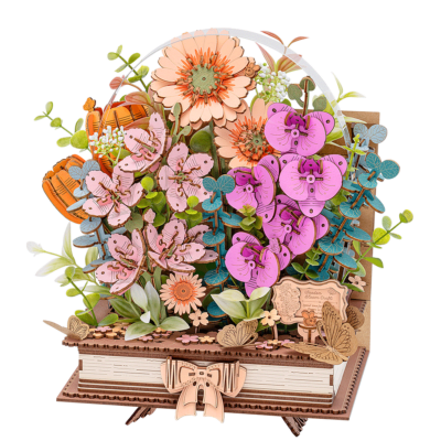 Maquette Bois Livre ouvert et 5 Fleurs Plantes Puzzle 3D de 522 pièces TW04H Wooden Blooming Book Rowood
