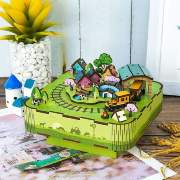 Kit Boîte à musique Train dans le Pré H10 cm Puzzle 3D Bois mécanisme à manivelle 85 pièces Tonecheer