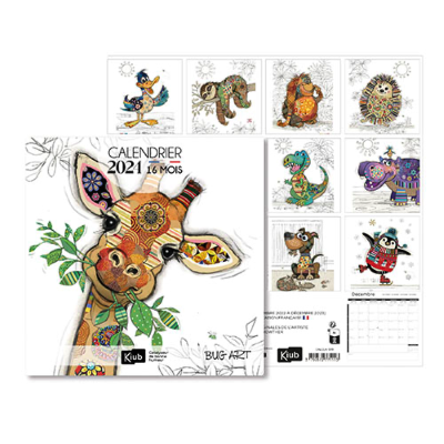Calendrier mural 2024 Kooks Animaux 12 illustrations 16 mois 30X30 cm Bug Art Kiub
