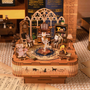Kit Boîte à musique Famille Chats Salon H14 cm Puzzle 3D Bois mécanisme à manivelle 94 pièces Tonecheer