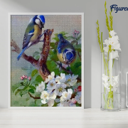 Broderie Diamant Oiseaux Mésanges sur Branche fleurie Toile complète roulée 40x50 Diamants carrés Figure d'Art