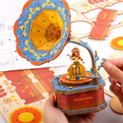Kit Boîte à musique Gramophone Danseuse à fabriquer 22 cm Puzzle 3D Bois mécanisme à manivelle 109 pièces