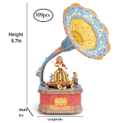 Kit Boîte à musique Gramophone Danseuse à fabriquer 22 cm Puzzle 3D Bois mécanisme à manivelle 109 pièces